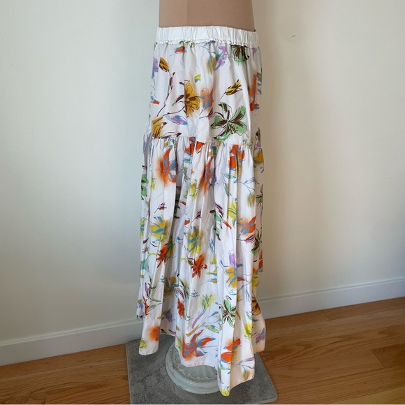 Tanya Taylor Lara White Floral Multicolor Cotton Tiered A-line Midi Skirt EUC XL - Picture 6 of 12